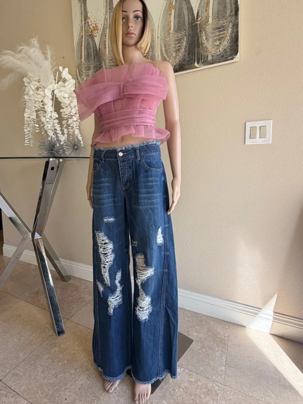 Wide Leg Distressed Dark Blue Women's Jeans - Picture 3 of 4